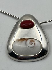 Vintage Shiva Eye Shell & Red Coral Stone Sterling Pendant .925 W/ Necklace