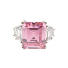 925 Sterling Vintage Emerald & Tapered Baguette-Cut Pink White C Z Ring Size 5.5