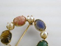 Vintage 1/20th 12k Gold Fill Faux Pearl and Semi Precious Gem Scarabs Circle Pin