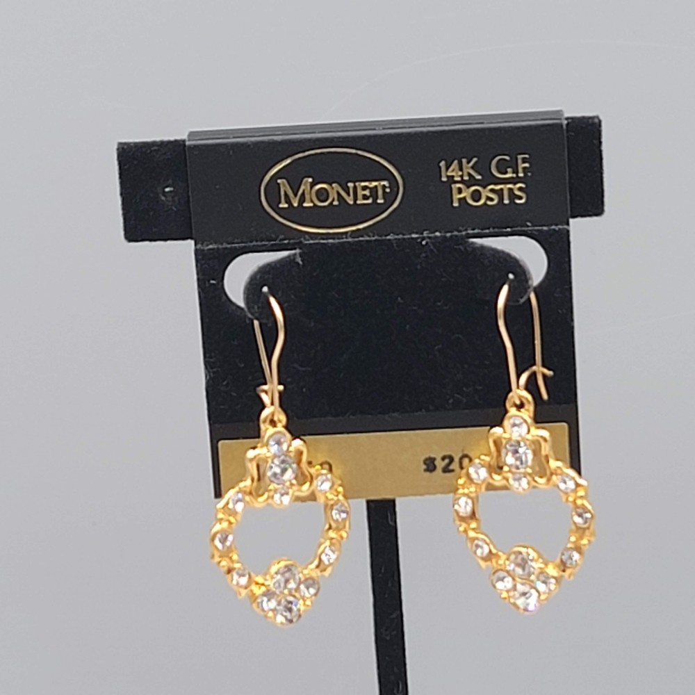Vintage Monet Rhinestone Pierced Earrings Gold Plated Dangle 1.5″