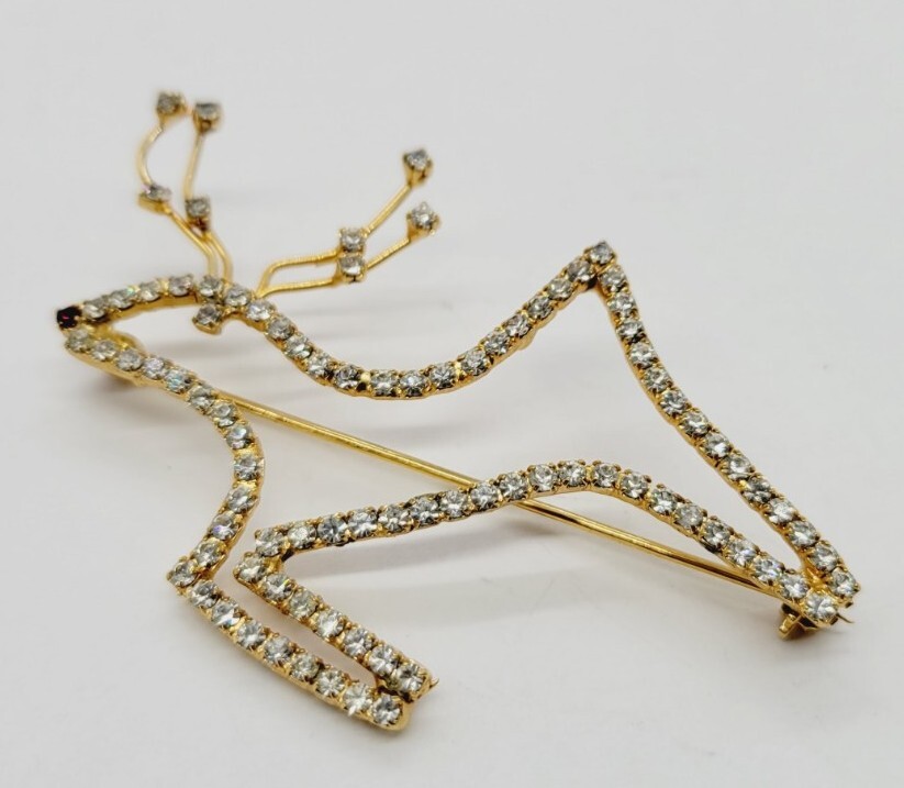 Crystal Reindeer Brooch CHRISTMAS Pin Gold tone Red nose