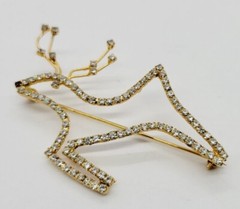 Crystal Reindeer Brooch CHRISTMAS Pin Gold tone Red nose