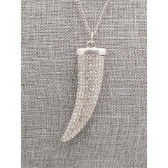 Vintage Silver Tone Horn Shaped Pendant Necklace Clear Rhinestones