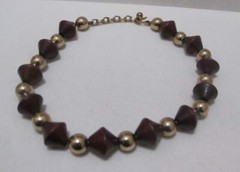 Vtg WOOD Dark Brown Bi-Cone Beads Gold Tone Round Beads Necklace Max 16”