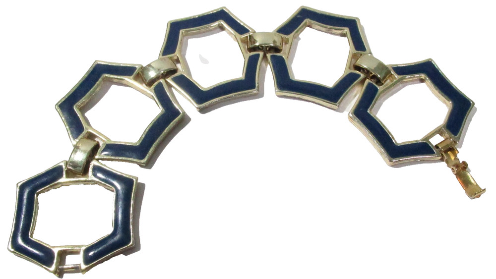 HEXAGON BLUE ENAMEL VINTAGE BRACELET OPEN CENTERS