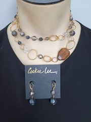 VTG Cookie Lee 32″ Chain Necklace Earring Jewelry Set Gold Rings Brown Accents