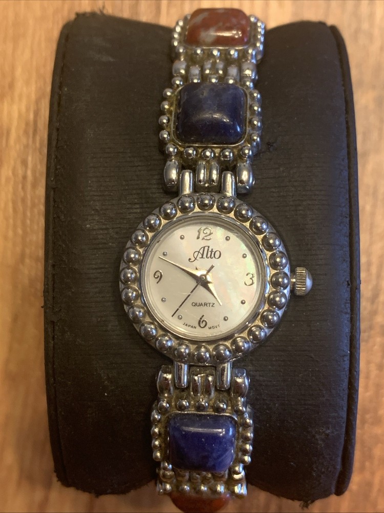 Vintage ALTO Silver Tone Link Watch With Stone Accents New Battery 7”
