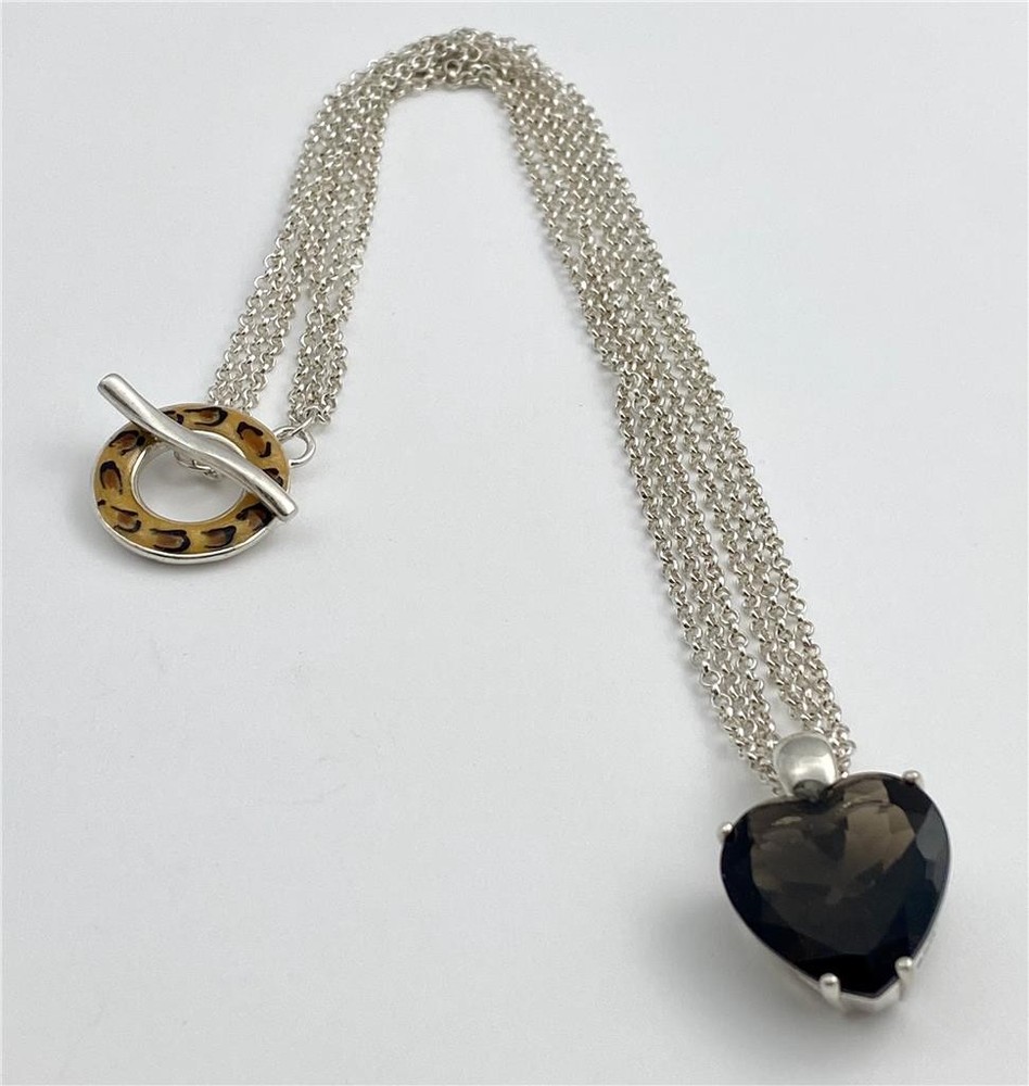 David Sigal Sterling S. Smoky Quartz Heart Leopard Print Toggle Clasp Necklace