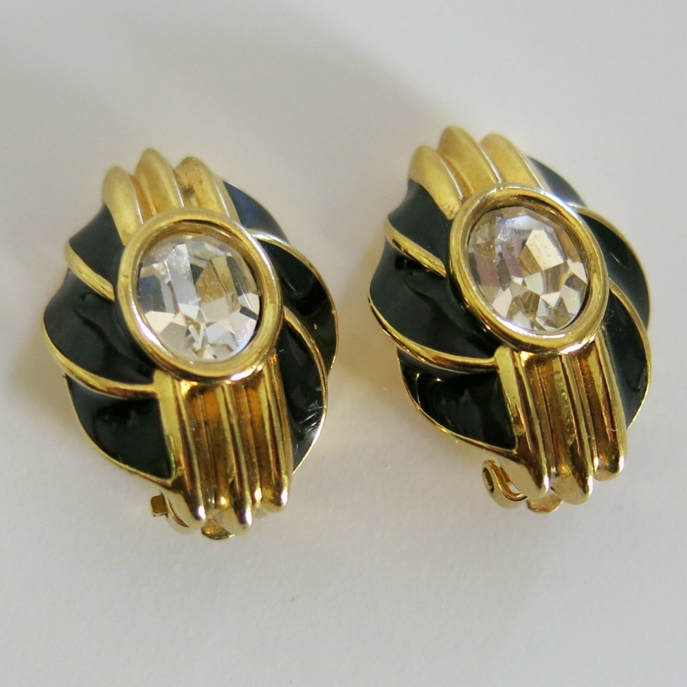 Swarovski Earrings Pierced Clear Crystal Black Enamel in Gold Tone Metal [4701]