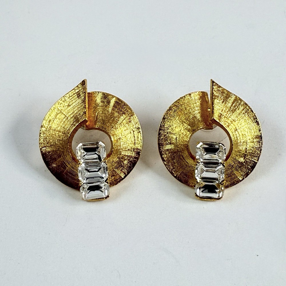 VTG 90s to More Modern Baguette Rhinestone Brushed Gold Tone Pierced Earrings