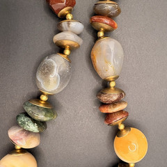 Vintage Natural Stone Agate Brass Discs Beggars Bead Statement Necklace 20”