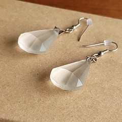 Vintage Faceted Clear Satin Glass Tear Drop Dangle Fish Hook Earrings