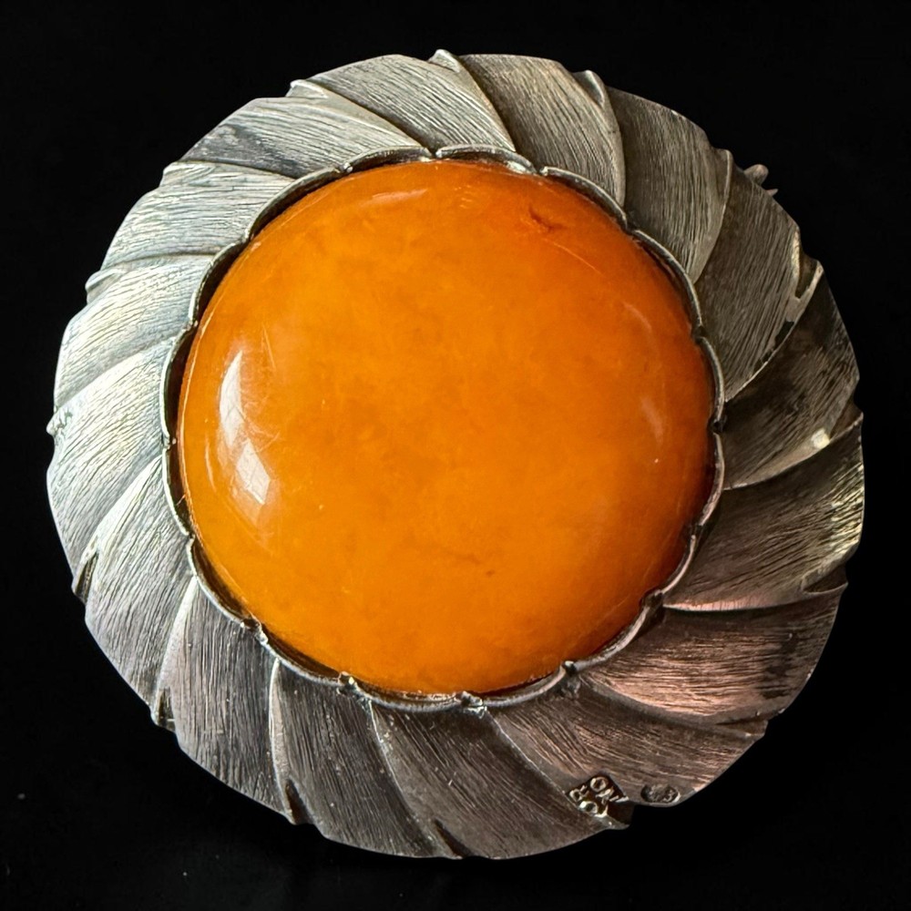 ORNO Baltic Amber Brooch 800 Silver Polish Modernist Pin Mid Century Warsaw