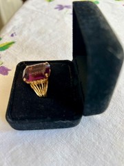 Vintage 1970s Stamped 18K H.G.E. Faux Amethyst Cocktail Ring Size 9
