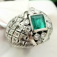 18K White Gold Large 1CT Colmbian Emerald Diamond Cocktail Dome Ring-1960s