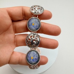 Vintage 90s Silver Tone Blue Flower Glass Cabochon Classic Fashion Jewelry Set