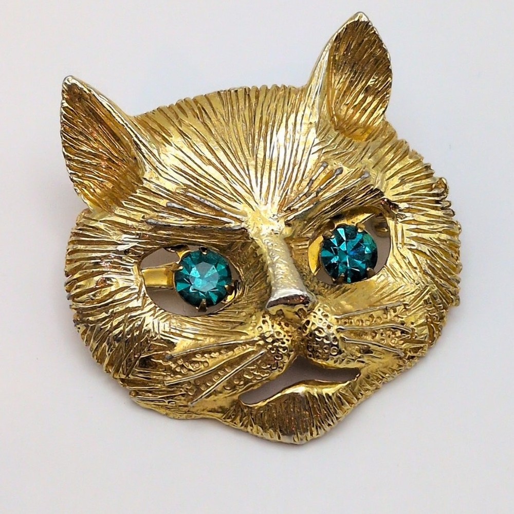Vintage Gold Tone Cat Face Brooch/Pendant Dangling Rhinestone Eyes 1.75in