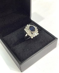 18K White Gold 2.95ctw Oval Sapphire & Tapered VS Baguette Diamond Ring