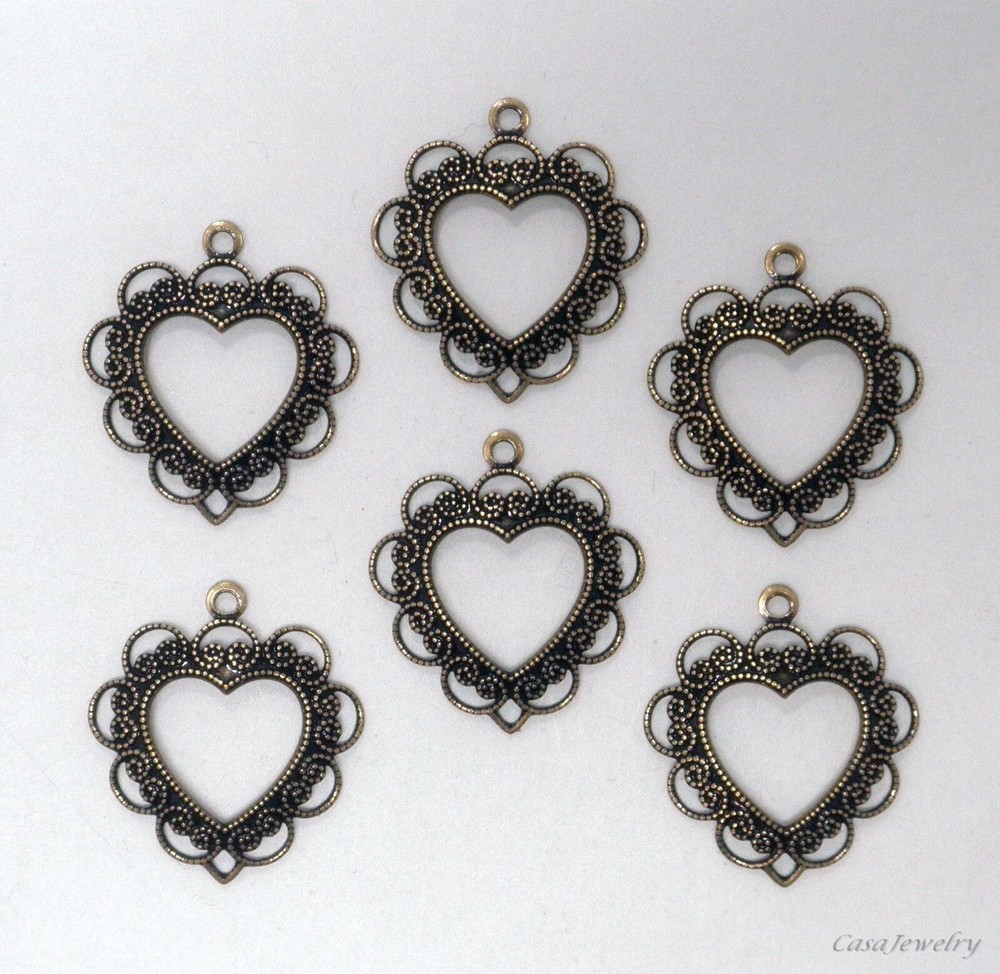 #0274 ANTIQUED GOLD OPEN LACY HEART W/TOP HANG RING – 6 Pc Lot