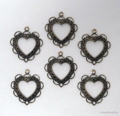 #0274 ANTIQUED GOLD OPEN LACY HEART W/TOP HANG RING – 6 Pc Lot