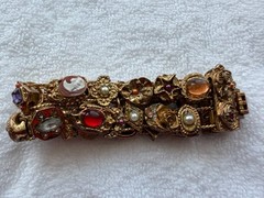 Goldette New York Slide Charm Bracelet Two Row Pearls Multi-Colored Rhinestones