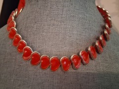 Vintage red celluloid stylized leaf abstract necklace, 16″, articulated