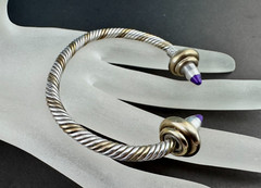 Taxco Mexico 925 Signed Sterling Brass Twisted Cable Cuff Bracelet Sugilite Ends