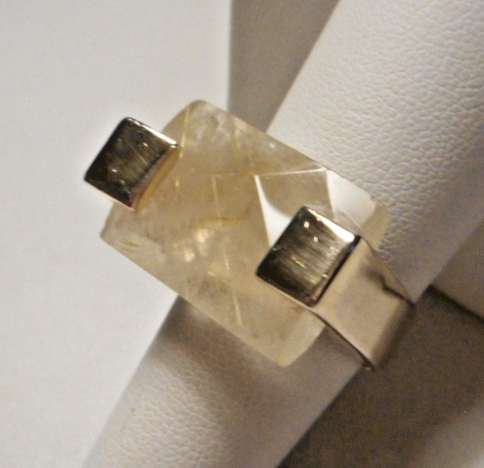 Vintage Modernist Sterling 925 & Faceted Rutilated Quartz Ring 15.1g Size 8