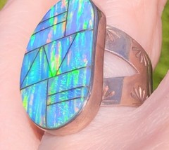 FaBuLoUs Ice blue lavender fire Opal Ring 8 Sterling Large Vintage Native Art
