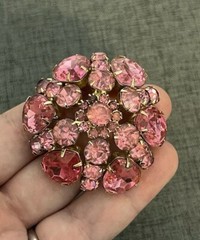 VTG Blush Pink Rhinestone Brooch Pin Big Domed Round Hollywood Regency Style Lg