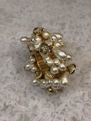Vintage Faux Pearls MultiBeaded Bracelet Gold Tone Expandable Metal Band Cha-Cha