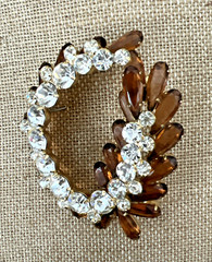 VTG. JULIANA DELIZZA & ELSTER AMBER & CLEAR RHINESTONE BROOCH LARGE 3″