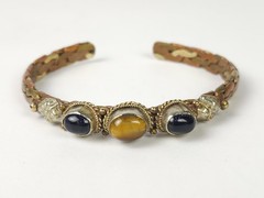 Vintage Braided Mixed Metals Bangle Bracelet Blue Goldstone Tiger Eye Stone Cuff
