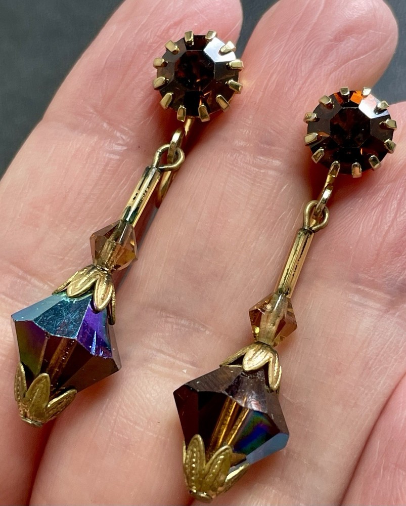 Vintage 1.5” Brown Rhinestone AB Faceted Acrylic Bead Gold Tone Clip Earrings