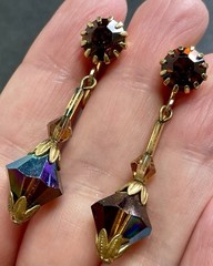 Vintage 1.5” Brown Rhinestone AB Faceted Acrylic Bead Gold Tone Clip Earrings