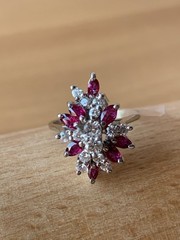VINTAGE 14K WHITE GOLD RUBIES DIAMONDS CLUSTER SPRAY COCKTAIL RING STATEMENT