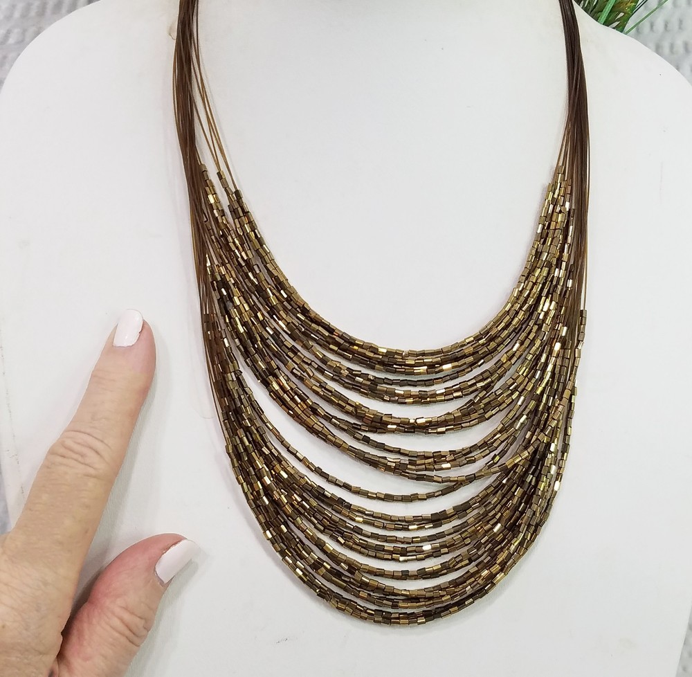 Vintage Gold Bronze Bugle Bead Cascading Multi Strand Illusion Choker Necklace