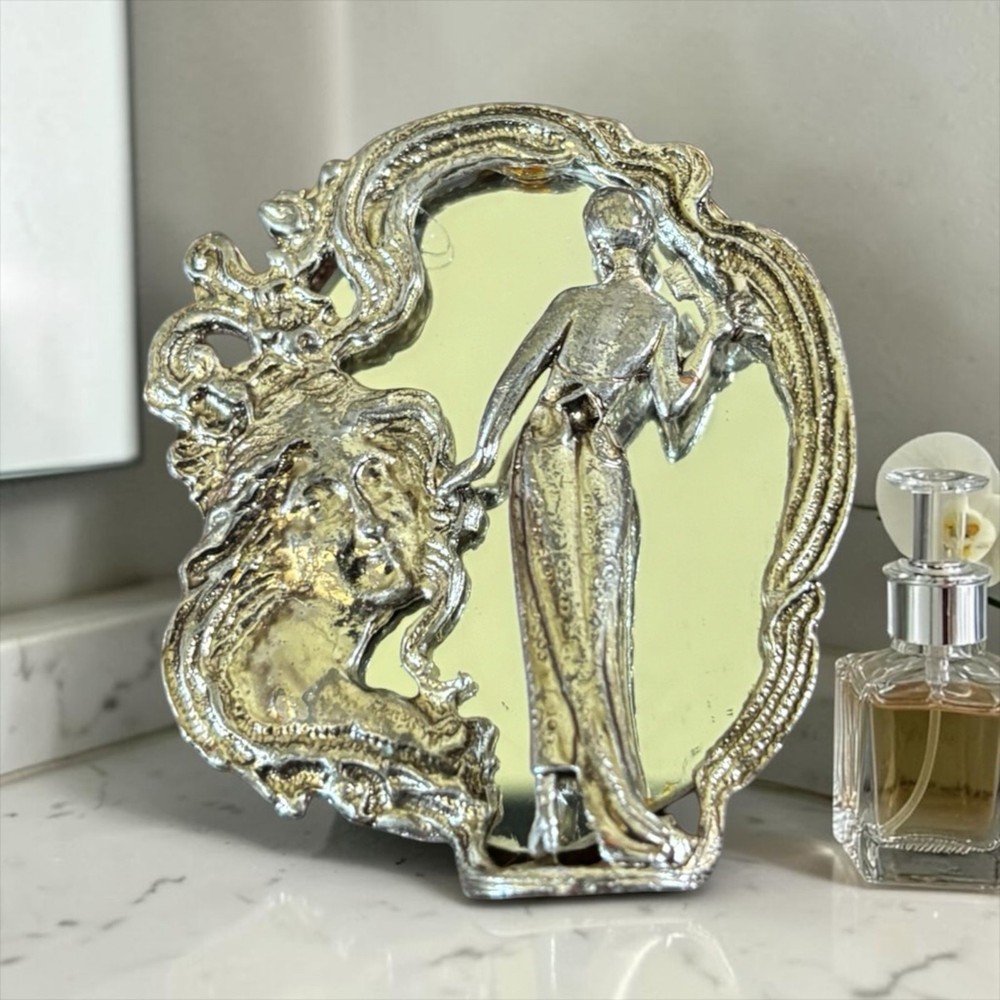 Art Nouveau Lady Mirror Brooch Silver Tone Vanity Beauty Pin