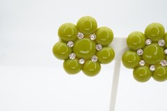 Vintage Clip On Earrings Silver Tone Rhinestone Green Flower