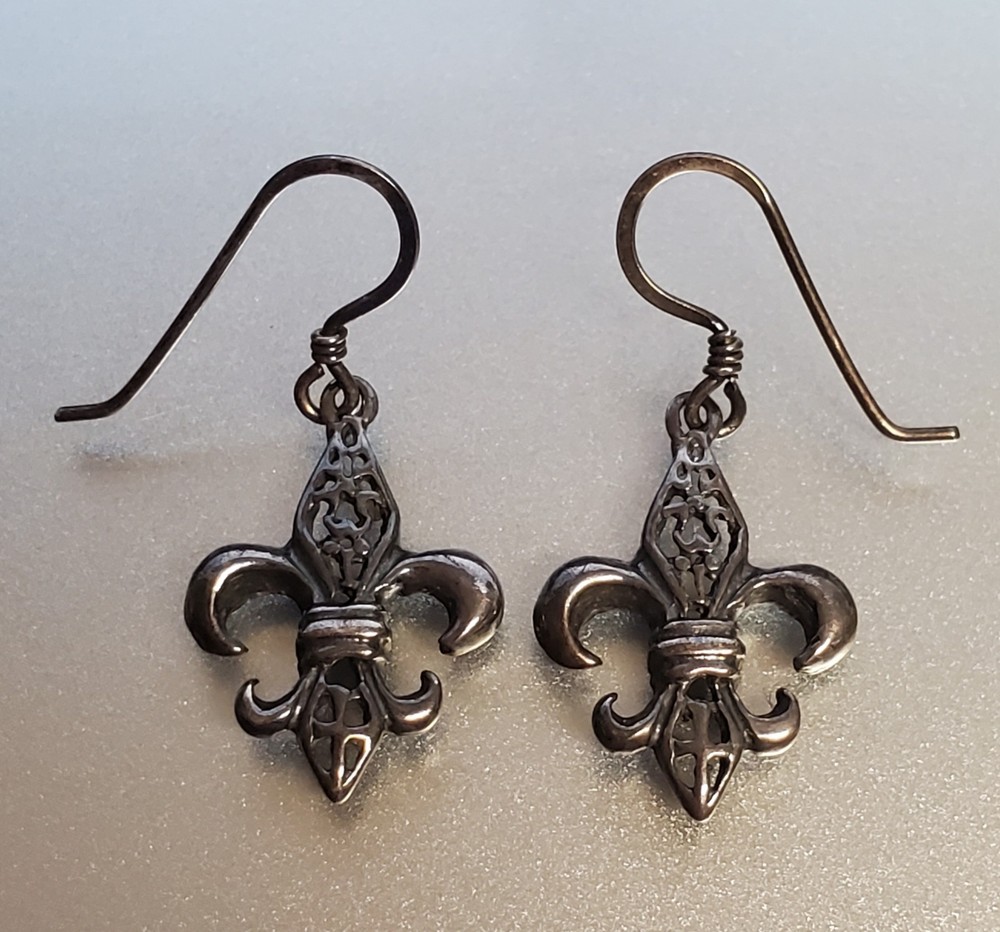 VTG 925 Fleur De Lis Dangle Earrings 1.5in Drop Sterling Silver 2g Estate