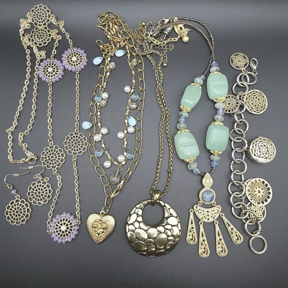 Vintage Gold Tone Boho Jewelry Lot Necklace Locket Earrings Charm Bracelet Watch