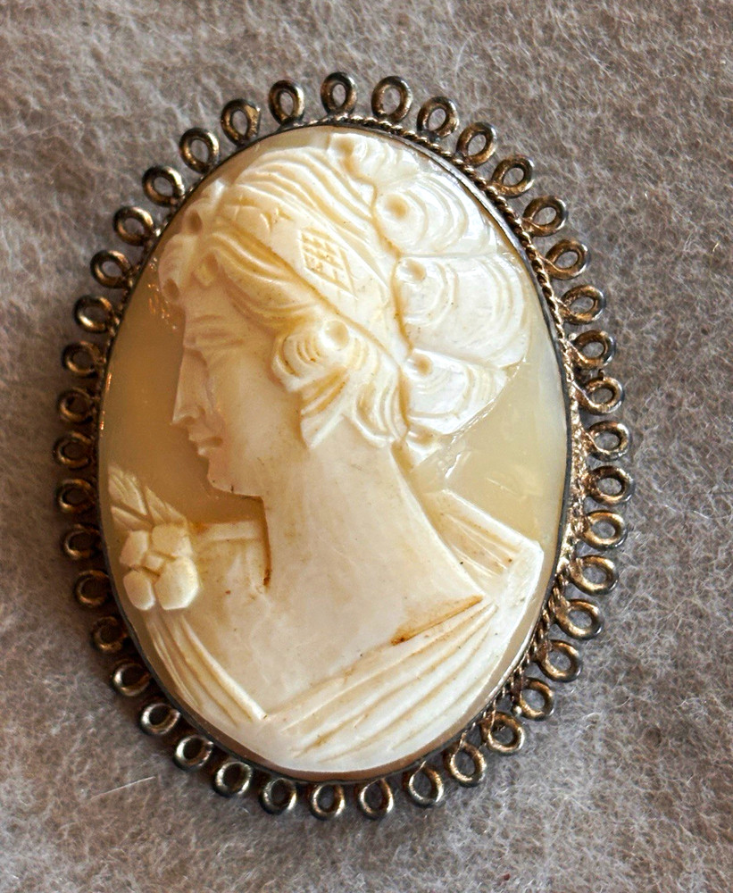 Antique Hallmarked Carved Shell Cameo Brooch Pendant Large Flora 800 Silver