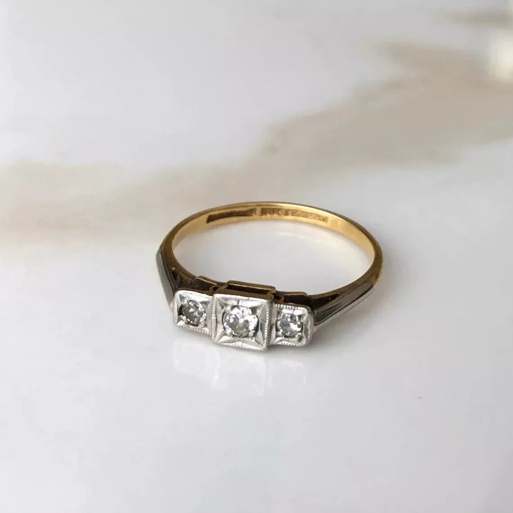 Art Deco Style Three-Stone Round Lab Created Diamond 14K Gold FN Engagement Ring