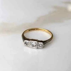 Art Deco Style Three-Stone Round Lab Created Diamond 14K Gold FN Engagement Ring