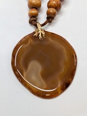 Vintage Carnelian Agate Slab Pendant Necklace Wood Bead Leather Cord 22″ Boho
