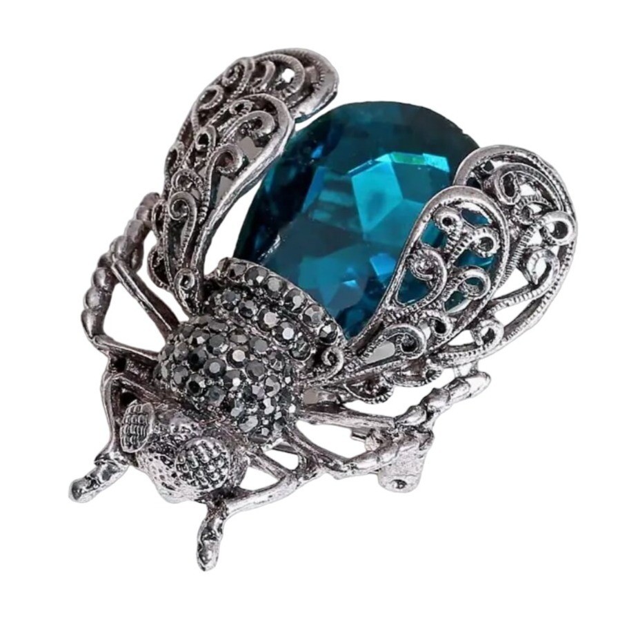 Brooch Teal Glass Marcasite Silver Tone Fly