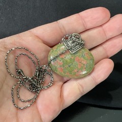 Vintage Unakite Jasper Pendant Necklace Silver Tone 22in 30g