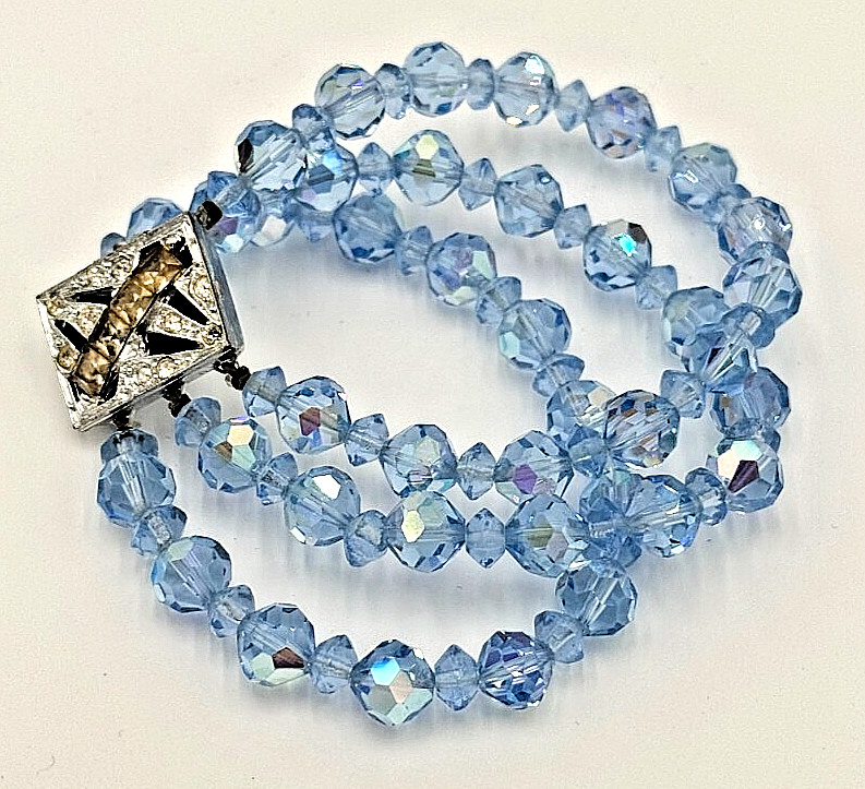 Vintage Sky Blue Faceted Crystal Beaded Multi Strand Bracelet