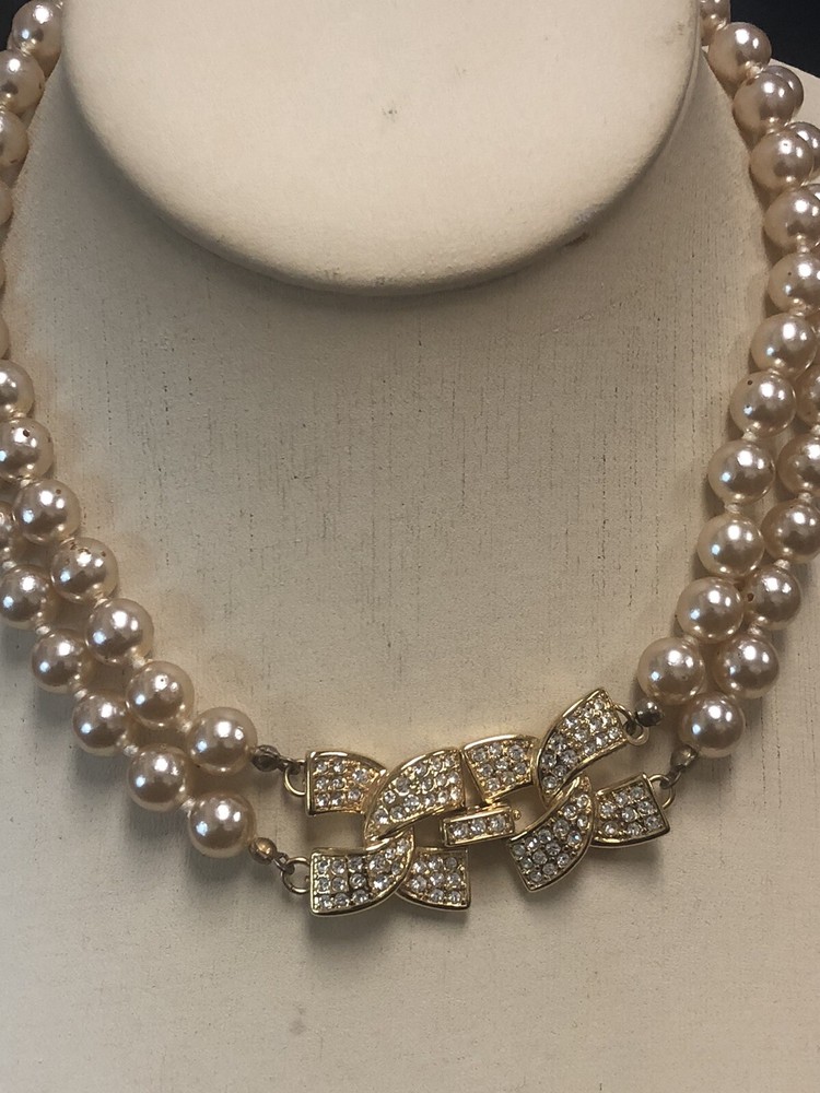VTG KJL KENNETH LANE CLEAR RHINESTONE LONG FAUX PEARL DANGLE EARRINGS & NECKLACE
