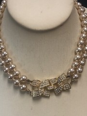 VTG KJL KENNETH LANE CLEAR RHINESTONE LONG FAUX PEARL DANGLE EARRINGS & NECKLACE